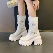 靴子女短筒骑士靴，2024年秋冬季松糕，厚底马丁靴小个子增高短靴