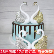 情人节生日蛋糕烘焙装饰甜品台火烈鸟金色，银色翅膀天鹅摆件