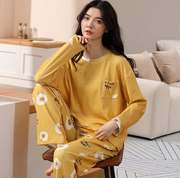 睡衣女士春秋款纯棉，2021年长袖全棉，舒适可外穿黄色家居服套装