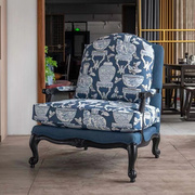 哈里斯美式单人沙发椅蓝色，花瓶伊森艾伦进口面料大尺寸老虎椅