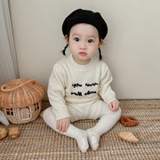 韩版婴儿纯棉毛衣套装秋装男女，宝宝秋冬毛线上衣，+短裤春秋两件套