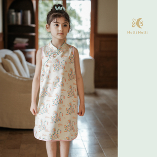 欧利娜利原创  100%长绒棉龙年满印复古国风中式盘扣夏季旗袍裙