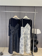 雅尼拉ydc2820春款优雅气质拼接复古花色，假两件设计感修身连衣裙