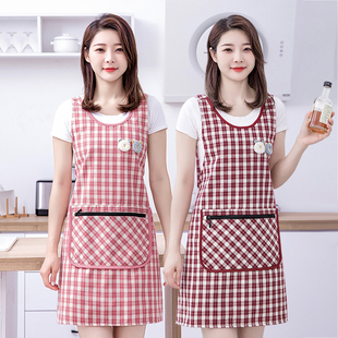 小清新坎肩式加厚棉布围裙家用厨房做饭韩版女士时尚双层格子围腰