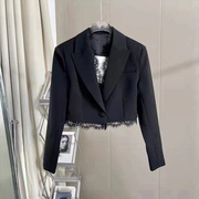 FFmiss名媛黑色垫肩蕾丝拼接小西装外套女欧洲站修身花边短西服