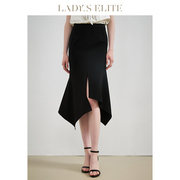 ladyselite慕裁黑色，女士半身裙女2023高腰鱼尾，性感开衩长裙