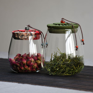花布盖茶叶罐玻璃储物罐密封罐家用透明花茶罐，干果零食罐大小号