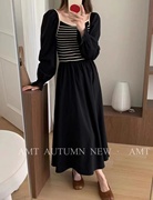502307条纹拼接长袖，连衣裙秋季韩版修身显瘦气质黑色长款长裙