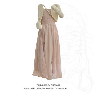 大码胖妹妹高级感粉色，吊带抹胸仙女，连衣裙长裙+薄款防晒开衫套装