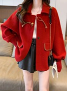双面呢加厚小香风红色外套，女2023年秋冬高级感宽松蝙蝠袖开衫