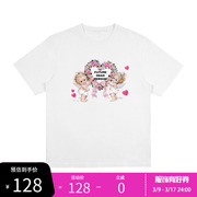 粉红蘑菇 小天使卡通宽松纯棉T恤女夏白色印花短袖上衣可爱