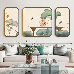 新中式客厅装饰画沙发背景墙，禅意荷花茶室三联中国风，八边形挂画