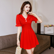 红色性感连衣裙高端大牌订婚女装夏季2024气质礼服小个子裙子