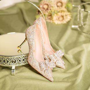 水晶结婚鞋女秀禾主婚纱两穿2023年订婚新娘鞋法式伴娘高跟鞋