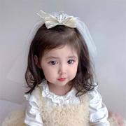 婴儿头纱韩版女宝宝公主头纱发夹亮钻立体宝宝顶夹花童拍照纱
