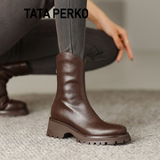 tataperko联名真皮圆头粗跟马丁靴女西部牛仔，靴后拉链切尔西靴女