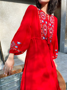 云南大理旅游民族风复古宽松红色连衣裙女长裙三亚海边度假沙滩裙