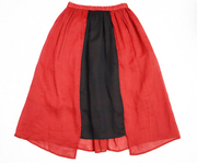 纯苎麻半身裙子麻料拼色长裙红色+黑色松紧腰-Q0269
