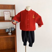 儿童红色毛衣开衫秋冬款加厚立领男女童中国风新年喜庆针织衫外套