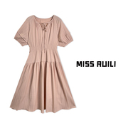 missruili定制极简小清新气质，系带v领收腰显瘦纯色连衣裙a7007