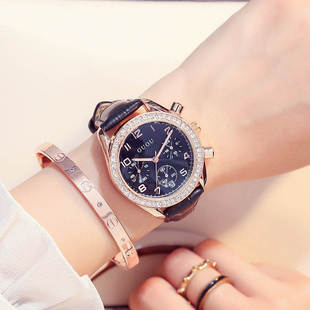 手表香港圆盘大表盘，石英手表个性多功能，三眼满钻皮带手表