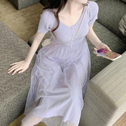 夏季轻奢女装白色赫本风可盐可甜香芋紫色中长款连衣裙 2024
