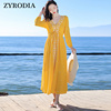 zyrodia夏季法式气质，连衣裙黄色民族风收腰显瘦长裙沙滩裙女