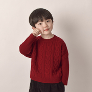 100%羊毛儿童毛衣男童，2023纯羊毛衫，新年红色加厚圆领打底