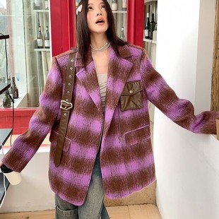 荧光紫大格子美拉德美式复古加厚外套女中长款宽松保暖冬季上衣