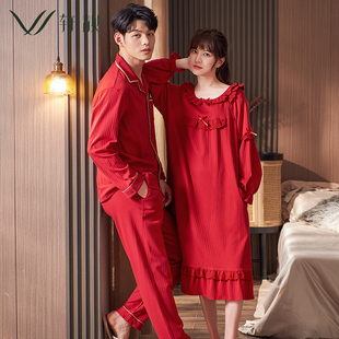 情侣睡衣男女士春秋季薄款纯棉长袖大红色，结婚家居服睡裙婚庆套装