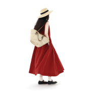 复述100%亚麻正红色背心裙，法式复古绝美大摆海边氛围感连衣裙子