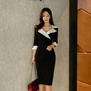 春装2020年韩版OL职业西装领修身中长款时尚女人味包臀连衣裙