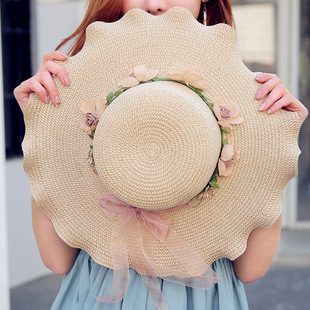 2024韩版女士帽子大波浪，花朵遮阳帽沙滩，户外太阳帽防晒草帽