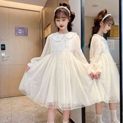 女童裙子春季装娃娃领米白色盘扣改良版旗袍连衣裙长款女童纱裙