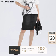 sdeer圣迪奥女装做旧复古开衩拼接直筒牛仔短裙s21261305