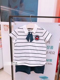 韩国中小童装 夏季男童宝宝纯棉条纹短袖领结T恤 短裤套装
