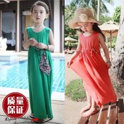 韩版女童仿古波西米亚海边沙滩纯棉，腰带背心裙儿童夏季长裙母女装