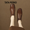 TATA PERKO联名粗跟高跟鞋女裸靴棕色针织深口单鞋英伦风皮鞋