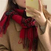 新年韩版红色复古节日纯羊毛格子围巾女冬季氛围感百搭保暖围脖