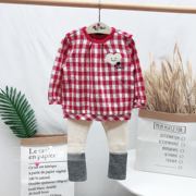 韩国中小童装 秋女童宝宝红色格子纯棉卫衣 加绒打底裤套装