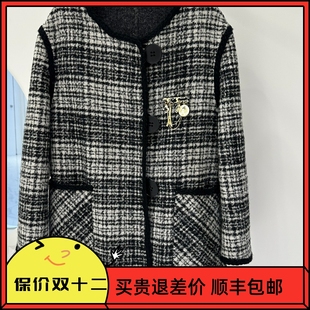 复古格子双面羊绒大衣，2023年秋冬韩版圆领，气质宽松羊毛外套女