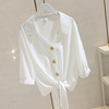 白色V领衬衫女中袖2022夏季韩版宽松显瘦防晒系带短款上衣