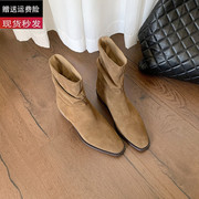 羊皮版~lisa同款韩国方头堆堆靴2023秋冬牛仔靴女短靴马丁靴