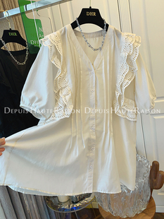 dhr法式绝美气质镂空蕾丝，小飞袖短袖衬衫，宽松上衣女2024夏季