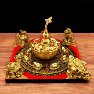 铜聚宝盆葫芦龙龟金蟾貔貅麒麟，罗盘客厅摆件阵，黄铜摆件店铺开业