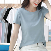 浅蓝色短袖t恤女夏修身常规纯色简约百搭休闲纯棉圆领大码体恤衫