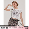 ziziFei夏季修身短款美式复古猫咪图案印花正肩上衣圆领短袖T恤女