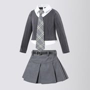 女童学院风灰色套装儿童，拼接衬衫领假两件上衣，西装a字半裙两件套