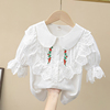 女童夏款刺绣衬衣甜美娃娃翻领上衣蕾丝，韩版洋气泡泡中袖白色衬衫
