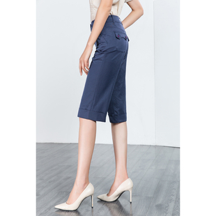 敦系列夏装蓝色光面，中厚直筒七分女裤品牌折扣